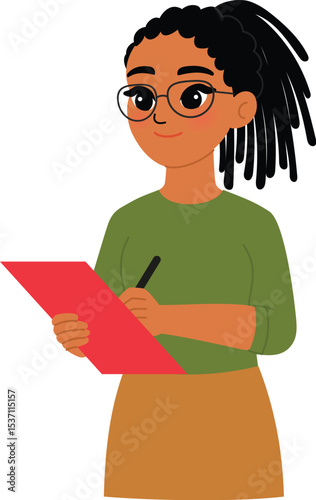 friendly black woman character writing on clipboard, smile black female teacher wear eyeglasses and check attendance student illustration