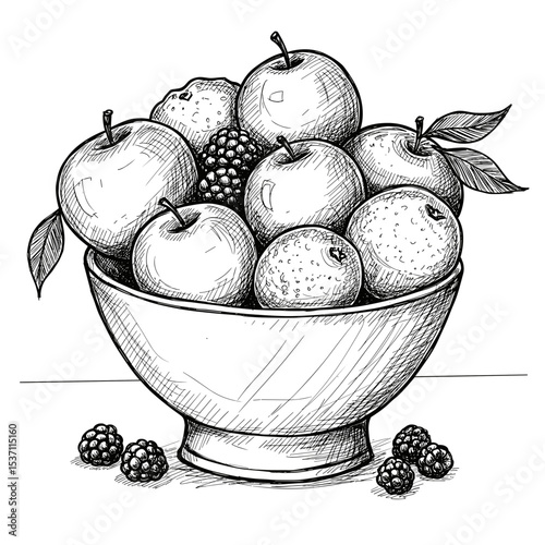 Bowl of assorted fruits including apples and berries in sketch style  