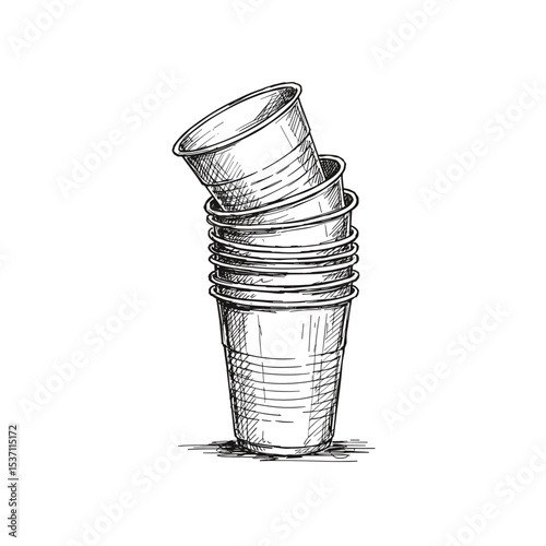 Stack of disposable plastic cups in sketch style on white background  