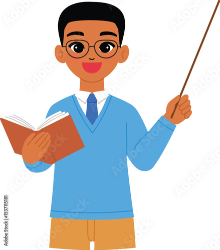 friendly black man character hold open book and pointing stick, smile black male teacher wear eyeglasses and teaching illustration