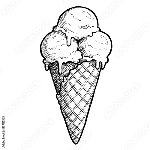 Hand-drawn ice cream cone with three scoops and drips  