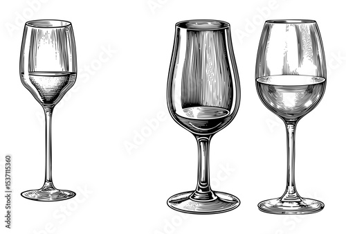 Vector Elegant glassware collection featuring flute white wine and champagne glasses.