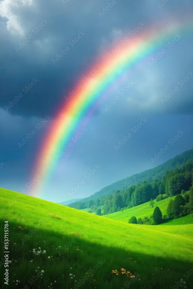 Vibrant rainbow arch gracefully covers a lush green landscape, creating a stunning natural phenomenon Perfect for nature, weather, and fantasy themes , clouds, harmony Vibrant rainbow arch gracefully covers a lush green landscape, creating a stunning natural phenomenon Perfect for nature, weather, and fantasy themes , clouds, harmony