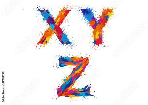 Colorful letters X, Y, Z created with vibrant splashes of paint on a transparent background.