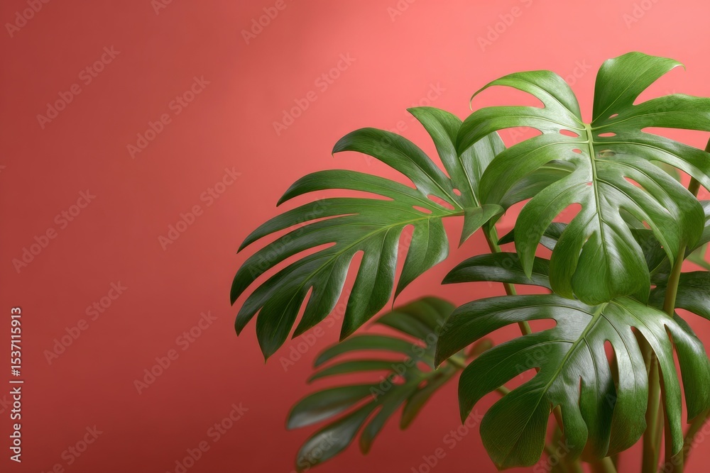 Fototapeta premium Monstera plant on a warm coral background leaves filling the right