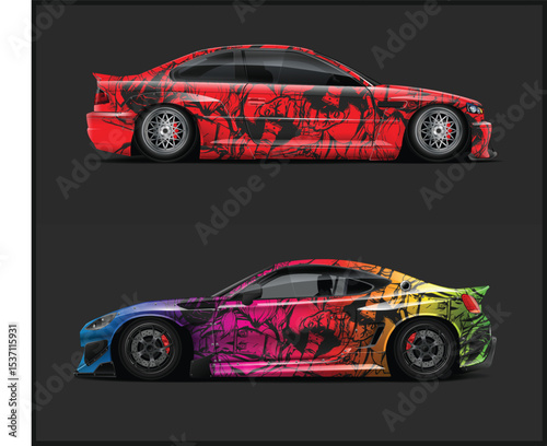 Two Sport Cars with Abstract Graphic Wraps