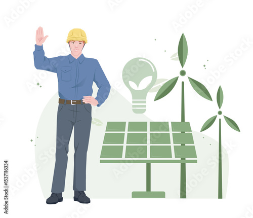 Male engineer in a hard hat standing beside solar panel and wind turbines, flat graphic style on white background. Concept of renewable energy. Vector illustration