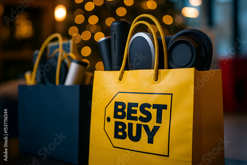 Best Buy Shopping Bag Filled with Electronics and Gadgets with Warm Holiday Lights and Christmas Bokeh in Background for Holiday Shopping Theme