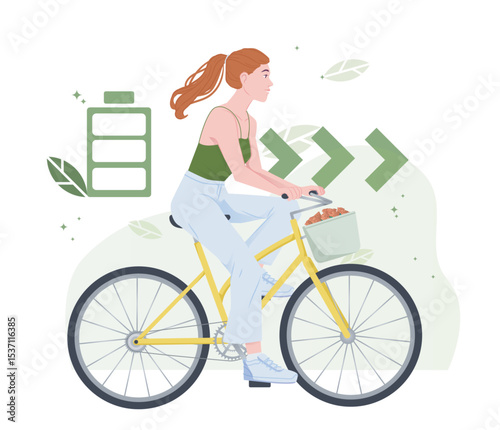 Woman riding a yellow bicycle with a basket, illustrated in a flat style, on a white background with green eco elements, representing clean energy and fitness. Flat vector illustration