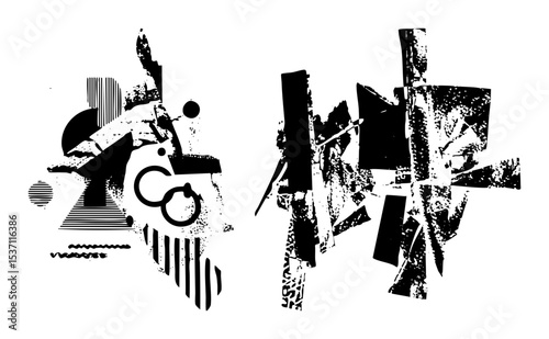 Vector Abstract geometric shapes and distressed blocks create a dynamic composition.