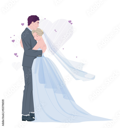 Romantic bride and groom hugging in wedding attire, flat cartoon style, on white background with hearts. Concept of love and marriage. Vector illustration