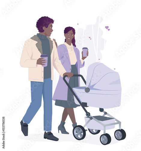 Young couple walking together pushing a baby stroller while holding coffee cups, flat cartoon style on white background. Concept of parenthood and bonding. Vector illustration