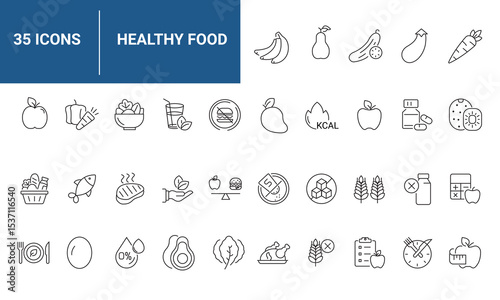 Healthy Food set of web icons in line style. Nutrition linear icon collection. Containing salad, fish, fruit, vegetables, water, protein, vitamins, healthy fats, carbohydrate and more. Editable stroke