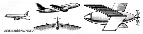 Vector Diverse aircraft illustrations showcase aviation and travel concepts.