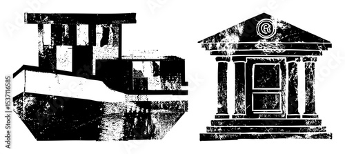 Vector Architectural structures featuring a building and a stylized pavilion.