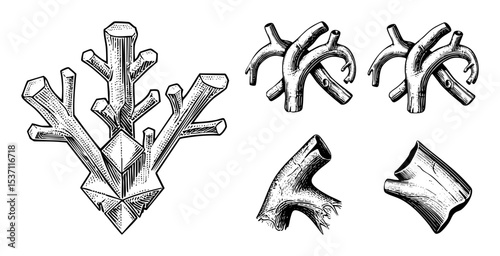 Vector Detailed coral branch illustrations showcase marine life elements in vintage engraving style.