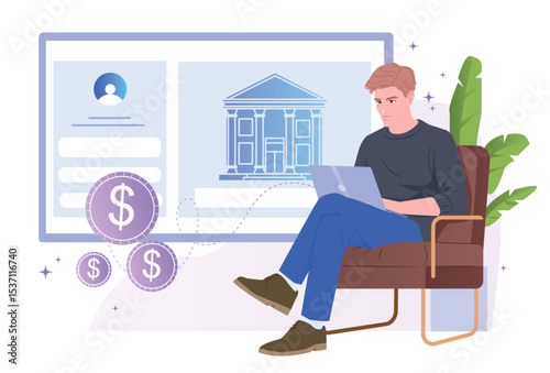 Man sitting in chair with laptop, managing online banking transactions, digital dollar coins, flat graphic style, white background. Concept of personal finance. Vector illustration
