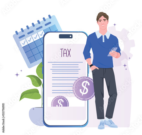 Man standing beside large smartphone screen with tax document, calendar, dollar coins, and leaves in modern flat graphic style on white background. Concept of tax payment. Vector illustration