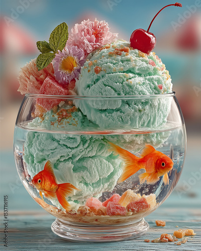 Mint Cherry Ice Cream with Goldfish in Bowl – Creative Summer Surreal Food Concept