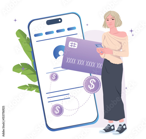 Woman holding smartphone near a large phone screen showing a banking app interface with credit card and dollar icons, flat style on white background. Concept of online payments. Vector illustration
