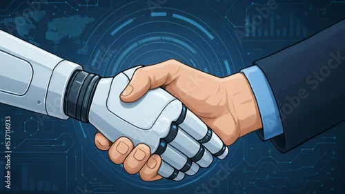 A human hand shakes a robotic hand, symbolizing the collaboration between technology and humanity. This image represents innovation, partnership, and the future of work.