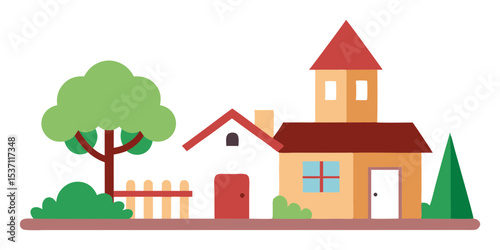 house and village courtyard vector art illustration