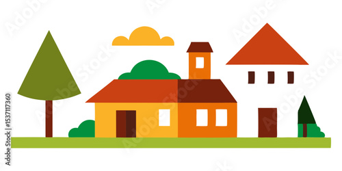 house and village courtyard vector art illustration