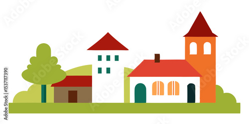 house and village courtyard vector art illustration