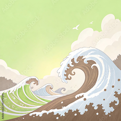 Stylized illustration of ocean waves rolling in with clouds and sky depicting nature in a calm peaceful art style