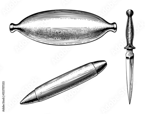 Vector Vintage weaponry featuring a bullet dagger and flask.