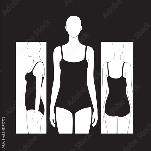 Vector fashion illustration set of a woman in a black party dress silhouette on a mannequin body design