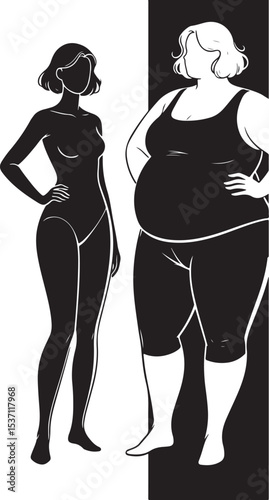 Fashion illustration of a graceful mother and son, or mother and daughter, featuring a beautiful black silhouette of a dancing girl or slim lady