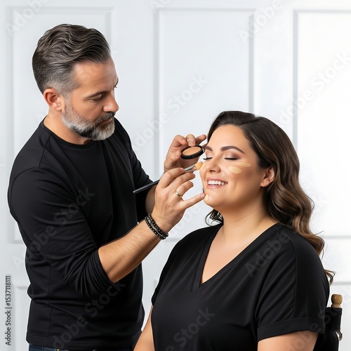 Makeup artist applying foundation to a smiling woman's face before a professional photoshoot
