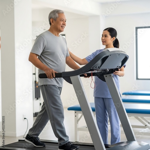 Physiotherapist assisting an older adult patient with exercise on a treadmill during rehab