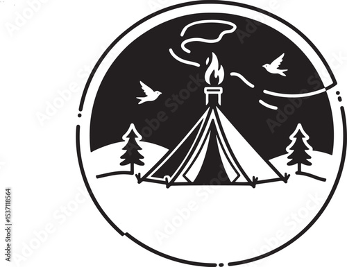 An illustration of Virgin Mary and Baby Jesus with a Christmas star and tree in a winter night silhouette