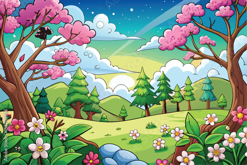 spring landscape with flowers and birds