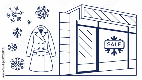 Winter sale clothing store vector illustration with coat and snowflakes, festive shopping