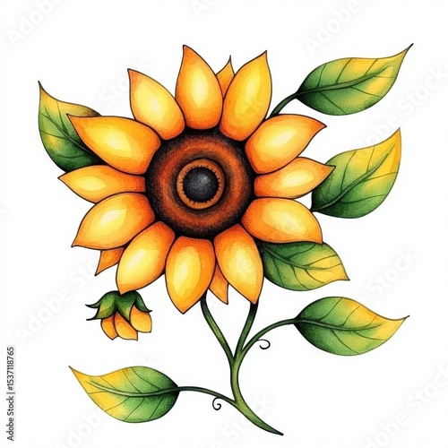 Vibrant Yellow Sunflower Illustration with Green Leaves and Bud
