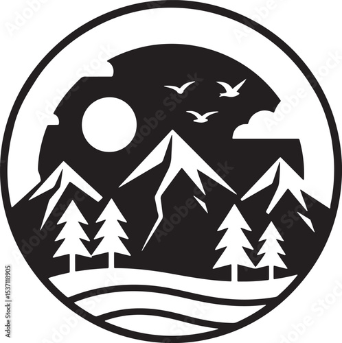 A vector illustration of a mountain icon adorned with Christmas trees and a star, symbolizing a merry winter holiday celebration