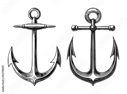 Vector Detailed illustrations of two classic maritime anchors in black and white.