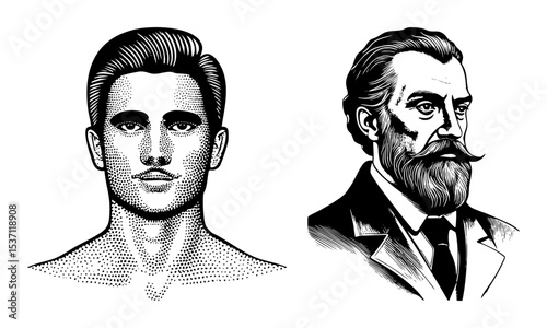 Vector Engraved portraits of two men in vintage style