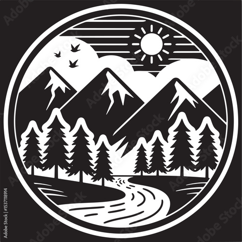 Christmas vector illustration of a winter forest landscape with snow-covered pine trees and holiday decorations