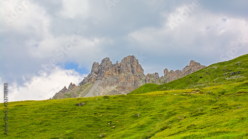Rocky landscape with green field and granite rocks in La Vanoise national park, France. 