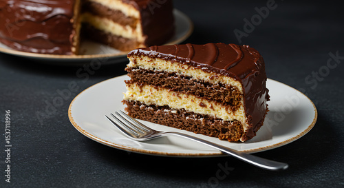 Wallpaper Mural A slice of prestige cake (bolo prestígio) with layers of chocolate cake and creamy coconut filling, covered with chocolate frosting, served on a white plate with fork, placed on a dark stone surface Torontodigital.ca