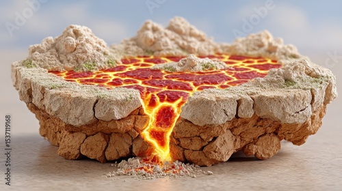 Volcanic Pizza Landscape Digital Rendering of Molten Lava Flowing from Fissure