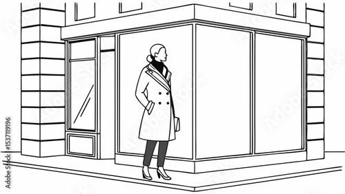 Vector illustration of a stylish woman in a coat standing outside a fashion boutique, shopping concept