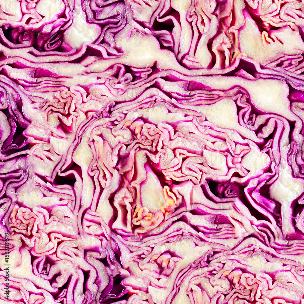 Obraz premium Seamless 4k photo texture of sliced red cabbage surface.