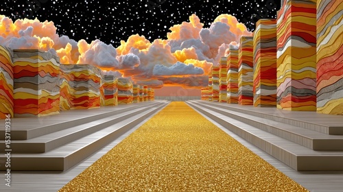 Voxel Cityscape At Sunset With Golden Road And Abstract Buildings