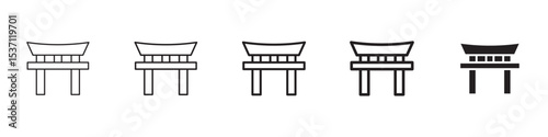 Torii gate icons in black outline, solid and colored style