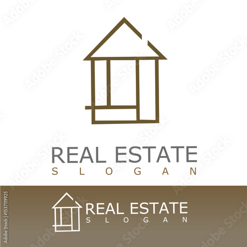 Minimalist real estate logo with a geometric house outline in brown, symbolizing property, home construction, or architecture. Suitable for realtors, developers, or housing businesses